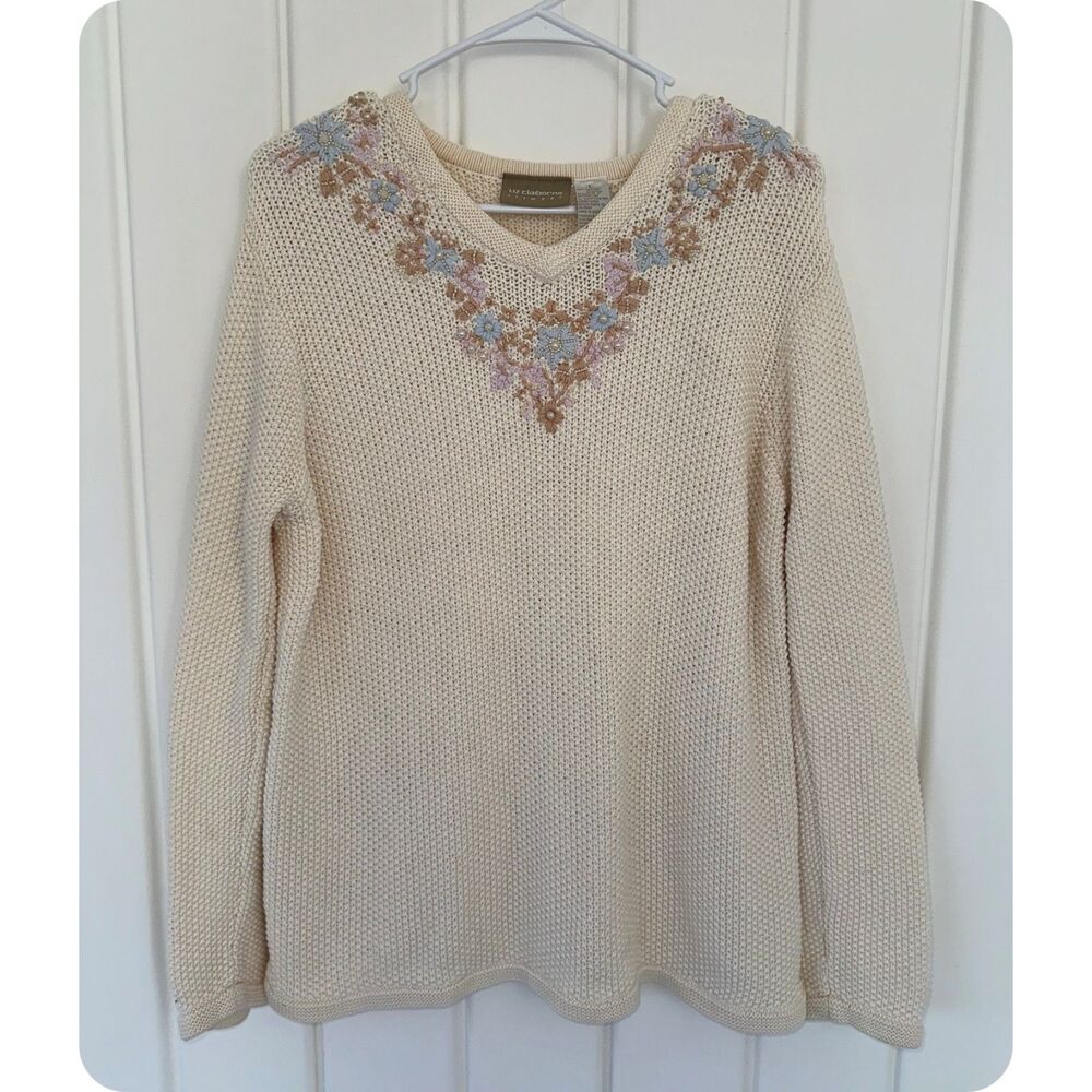 Liz Claiborne Vintage Cottagecore Pullover Sweater Embellished V-neck Cream